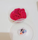 Clear container with pickled lotus root banchan on a white background