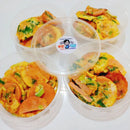 Three containers of omelette with vegetables and sausage on a white background