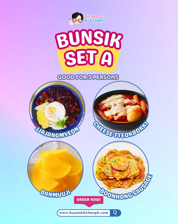 Promotional graphic for Bunsik Set A from Busan Kitchen with four dishes on a gradient background.
