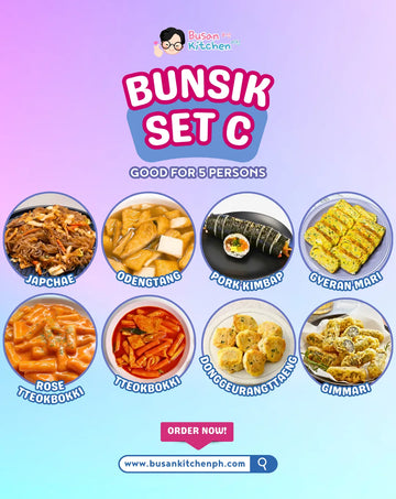 Promotional image of Bunsik Set C with various Korean dishes on a gradient background.