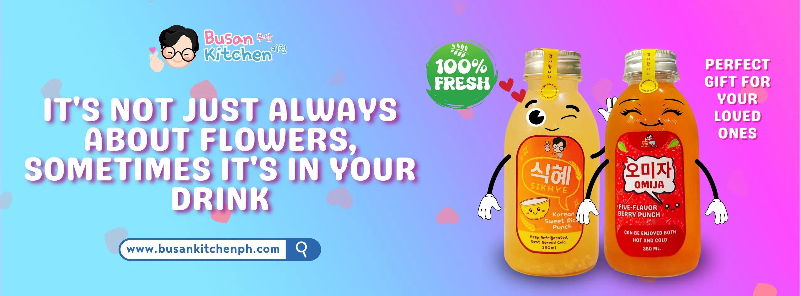 Two cartoon juice bottles with faces on a colorful background, featuring text about freshness and gift-giving.