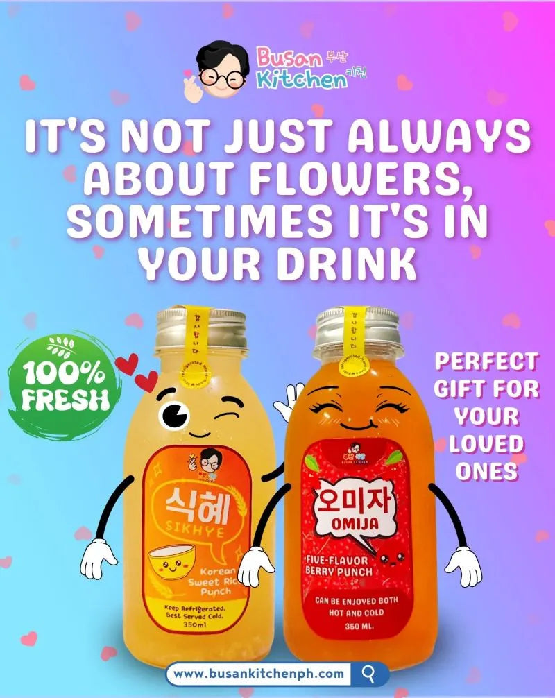 Two cartoon bottles with faces on a colorful background with text about Busan Kitchen drinks.