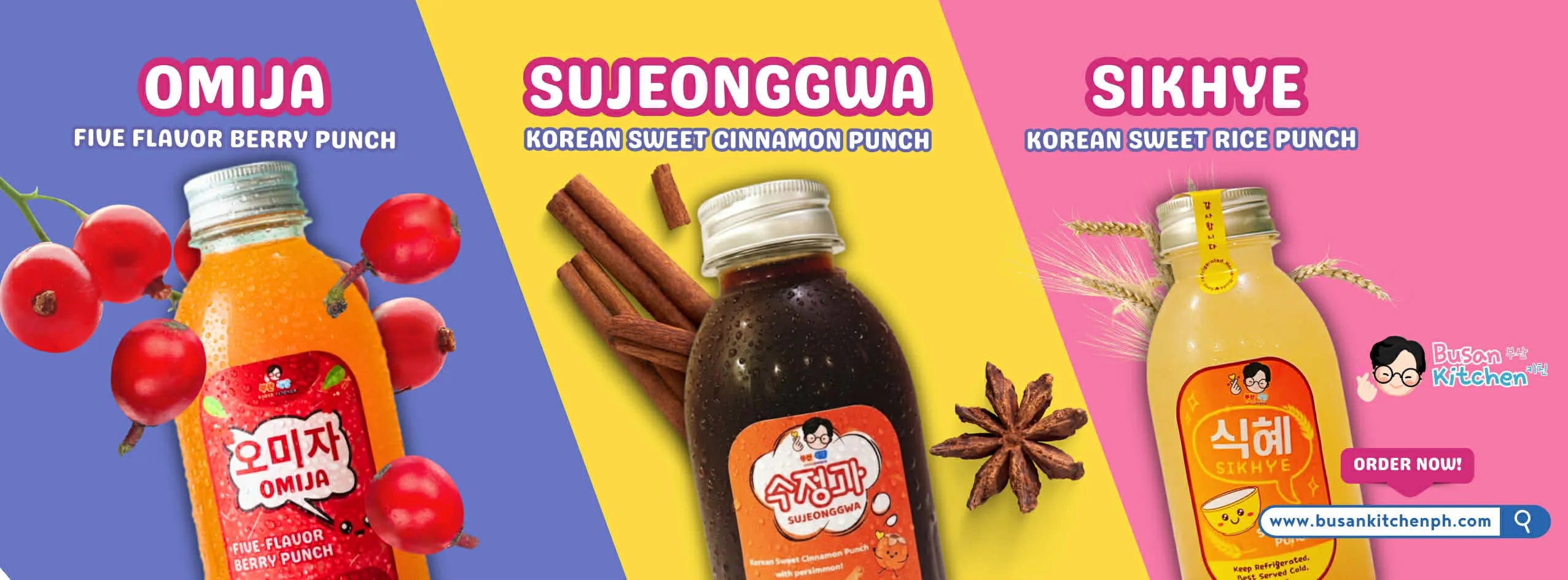 Three bottles of different Korean drinks with colorful backgrounds and text labels.