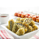 Fried gimmari in a white dish with a blurred background