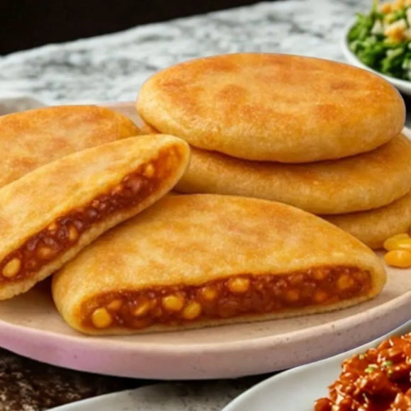 Plated food items with a focus on a pastry filled with corn and red sauce.