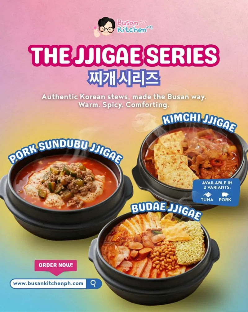 Promotional image of Busan Kitchen's Jjigae series with three types of jjigae dishes on a colorful background.