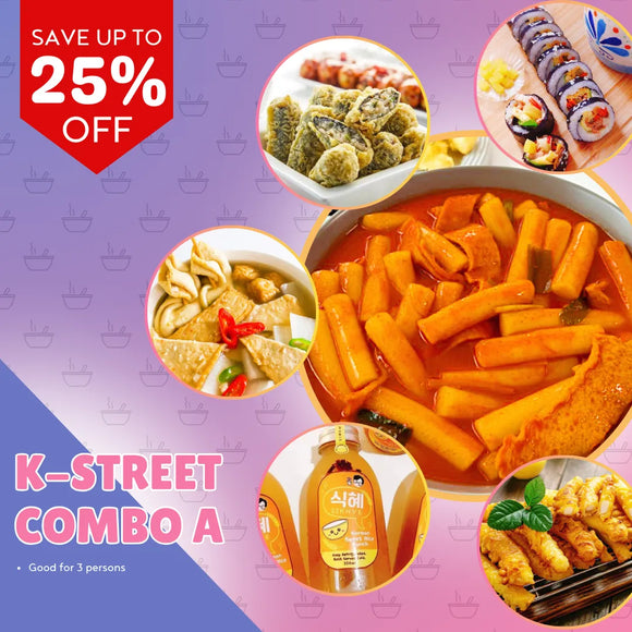 Promotional image of K-Street Combo A with various food items and a discount offer on a colorful background.
