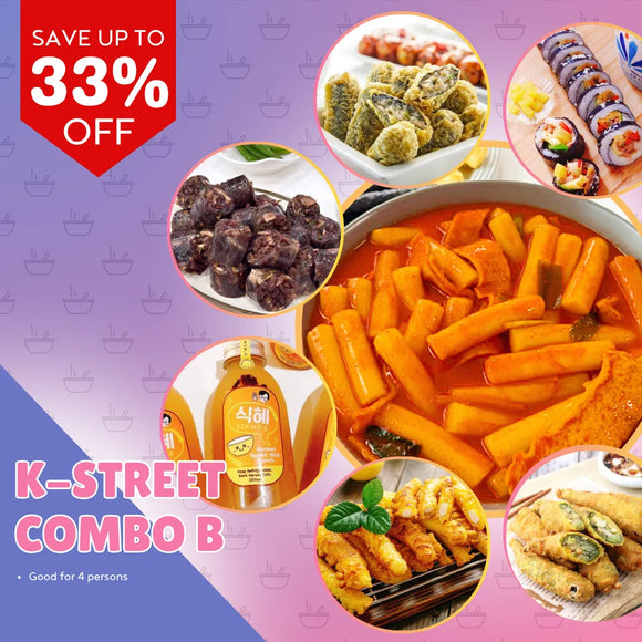 Promotional image of K-Street Combo B with various food items and a discount offer on a purple and pink background.