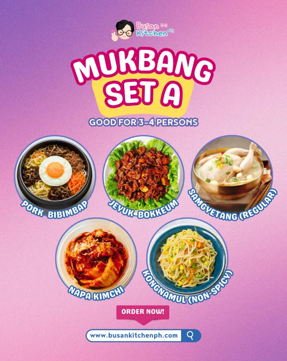 Promotional image of a mukbang set with five dishes on a pink background, featuring Busan Kitchen branding.
