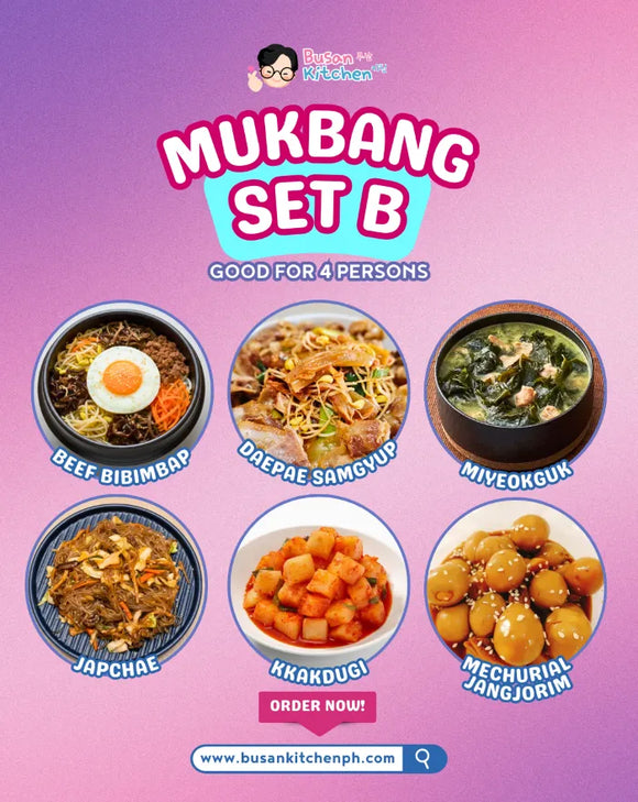 Promotional image of a Mukbang set B with various Korean dishes on a pink background.