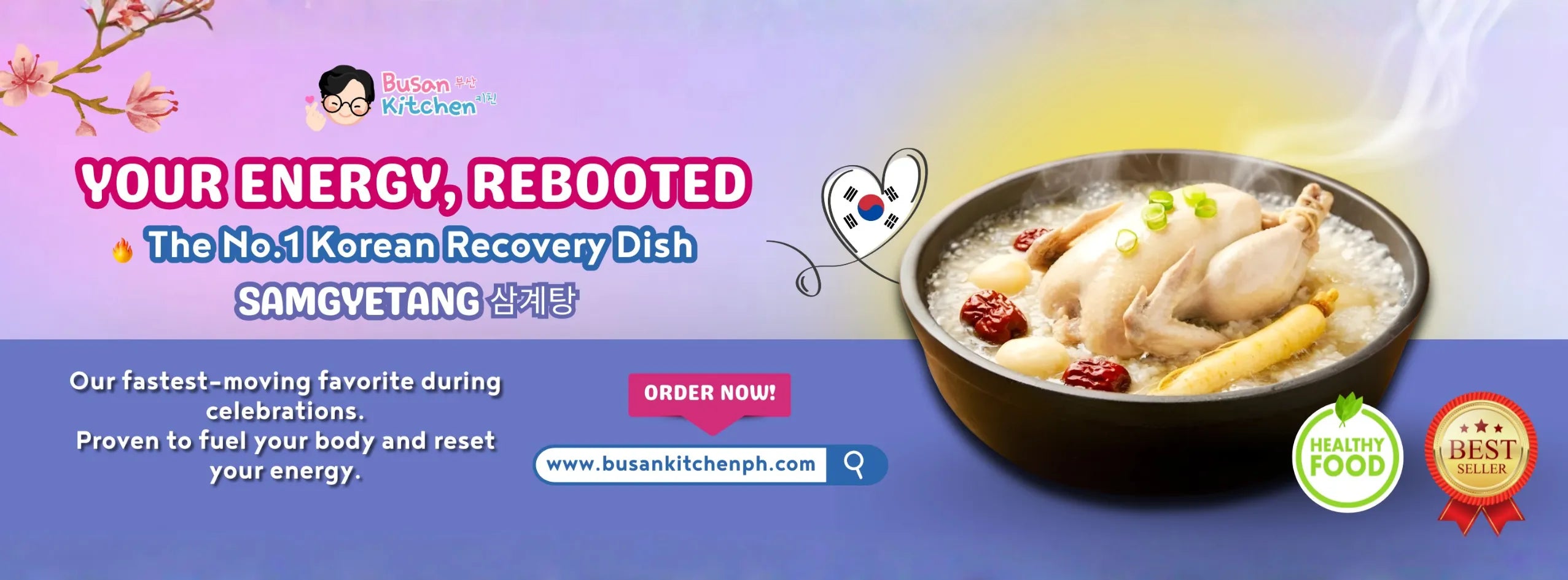 Advertisement for Samgyetang, a Korean recovery dish, with a bowl of soup on a colorful background.