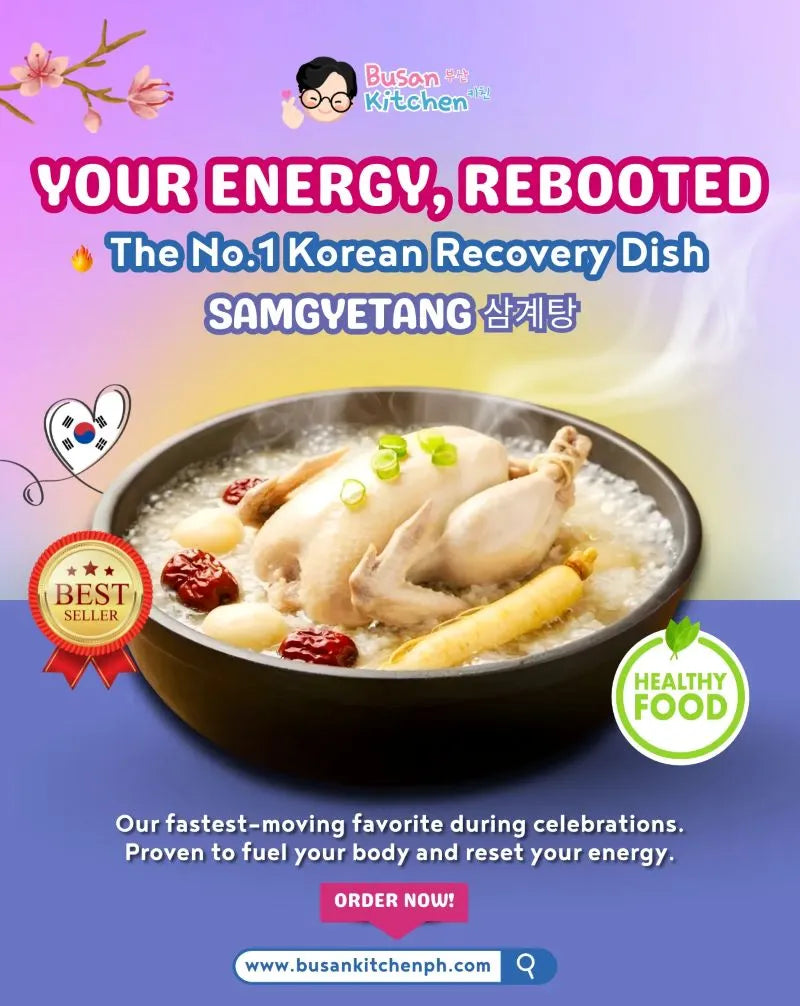 Advertisement for Samgyetang with promotional text and branding on a colorful background